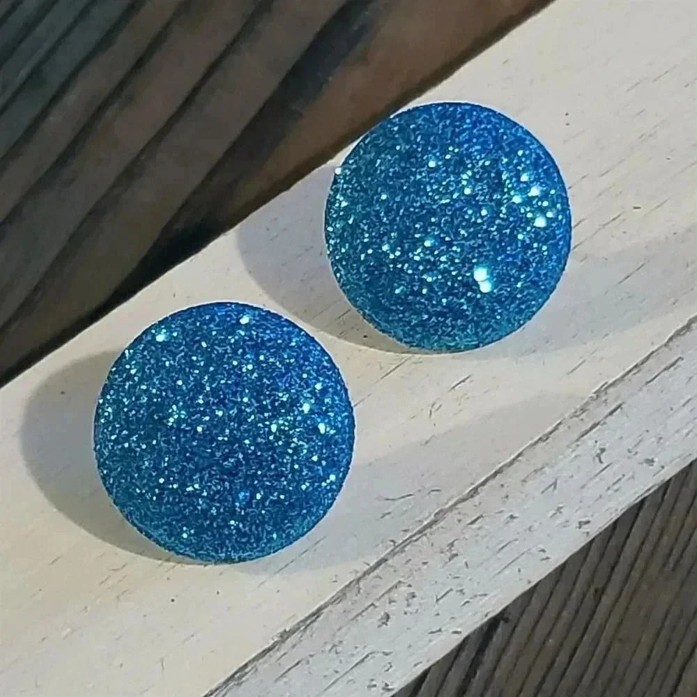 Retro 80s Club Glam Disco Sparkly Turquoise Blue Fabric Button Earrings
